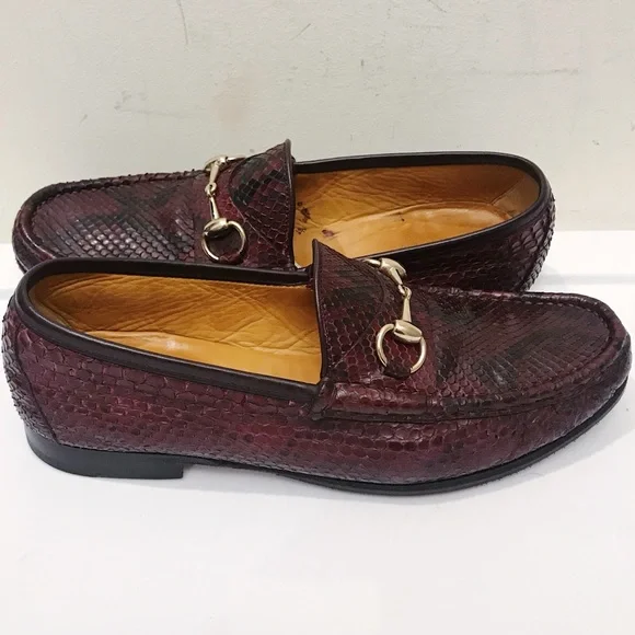 Gucci 1953 Classic Maroon Black Python Snakeskin Gold Horsebit Loafers 8 G 9 D - Picture 3 of 8